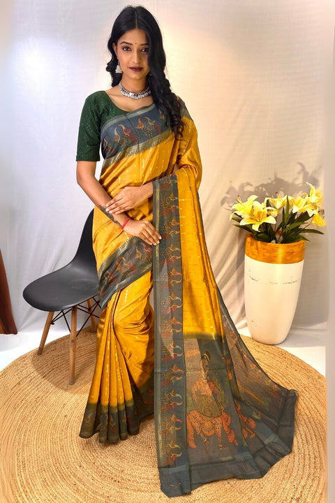 VastraLakshmi Trendy Mustard Printed Soft Chanderi Silk Saree With Appealing Blouse Piece