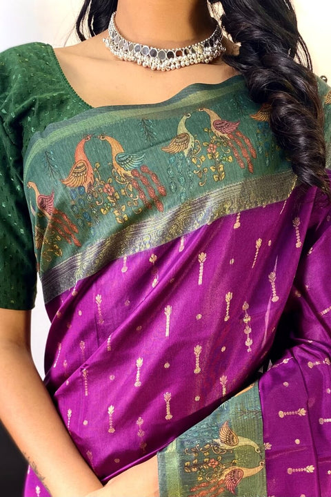 VastraLakshmi Desiring Purple Printed Soft Chanderi Silk Saree With Prettiest Blouse Piece