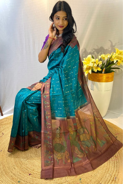 VastraLakshmi Traditional Rama Printed Soft Chanderi Silk Saree With Comely Blouse Piece