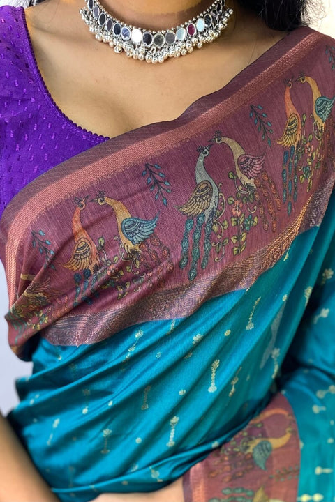 VastraLakshmi Traditional Rama Printed Soft Chanderi Silk Saree With Comely Blouse Piece