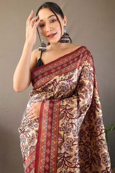 VastraLakshmi Demanding Beige Digital Printed Soft Silk Saree With Hypnotic Blouse Piece