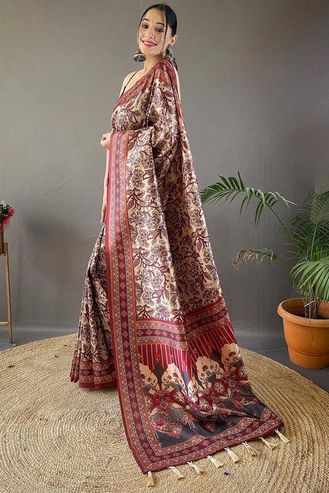 VastraLakshmi Demanding Beige Digital Printed Soft Silk Saree With Hypnotic Blouse Piece