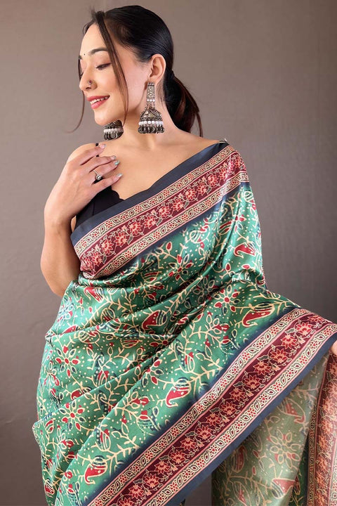 VastraLakshmi Traditional Green Digital Printed Soft Silk Saree With Divine Blouse Piece