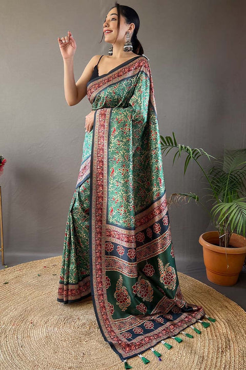 VastraLakshmi Traditional Green Digital Printed Soft Silk Saree With Divine Blouse Piece