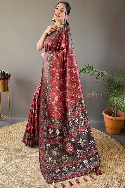 VastraLakshmi Ephemeral Maroon Digital Printed Soft Silk Saree With Imbrication Blouse Piece