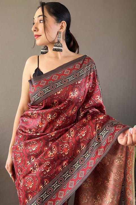 VastraLakshmi Ephemeral Maroon Digital Printed Soft Silk Saree With Imbrication Blouse Piece