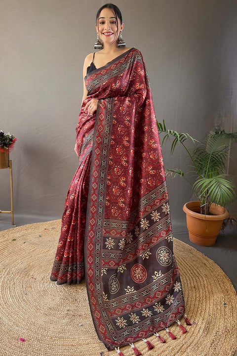 VastraLakshmi Ephemeral Maroon Digital Printed Soft Silk Saree With Imbrication Blouse Piece