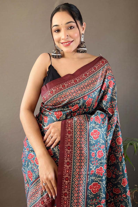 VastraLakshmi Lissome Rama Digital Printed Soft Silk Saree With Denouement Blouse Piece