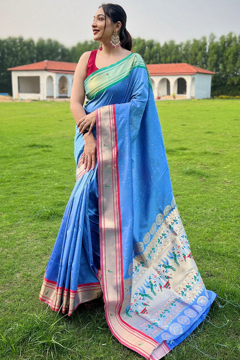 VastraLakshmi Captivating Firozi Paithani Silk Saree With Smart Blouse Piece