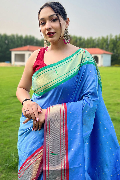 VastraLakshmi Captivating Firozi Paithani Silk Saree With Smart Blouse Piece