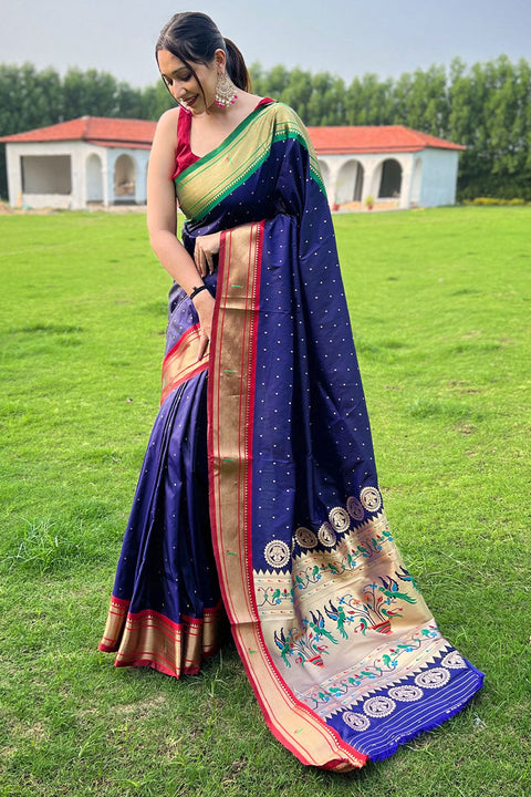 VastraLakshmi Beautiful Navy Blue Paithani Silk Saree With Desiring Blouse Piece