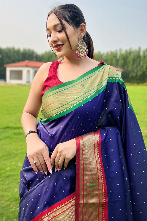 VastraLakshmi Beautiful Navy Blue Paithani Silk Saree With Desiring Blouse Piece