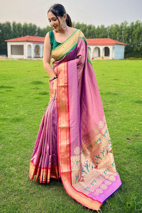 VastraLakshmi Groovy Pink Paithani Silk Saree With Exquisite Blouse Piece