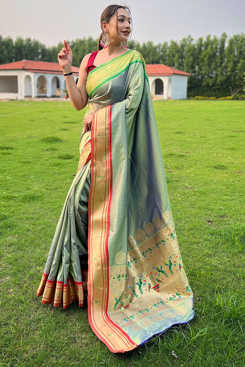 VastraLakshmi Blissful Pista Paithani Silk Saree With Adoring  Blouse Piece