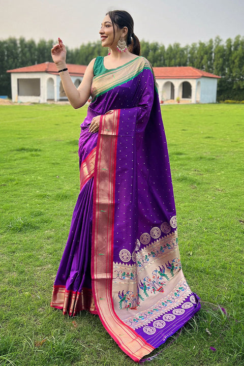 VastraLakshmi Blissful Purple Paithani Silk Saree With Brood Blouse Piece