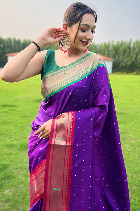 VastraLakshmi Blissful Purple Paithani Silk Saree With Brood Blouse Piece