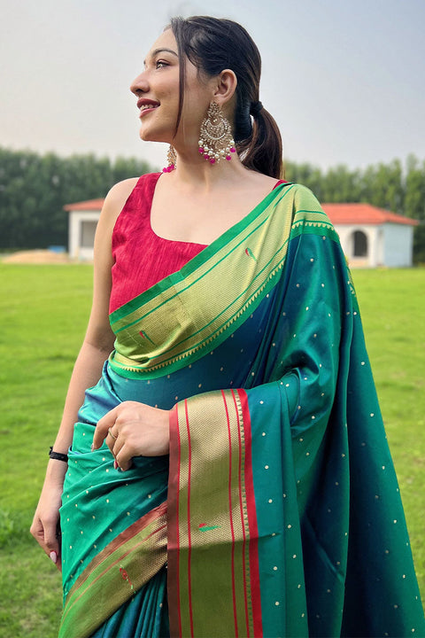 VastraLakshmi Gossamer Rama Paithani Silk Saree With Quintessential Blouse Piece