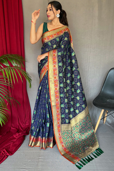 VastraLakshmi Beauteous Navy Blue Patola Silk Saree with Chatoyant Blouse Piece