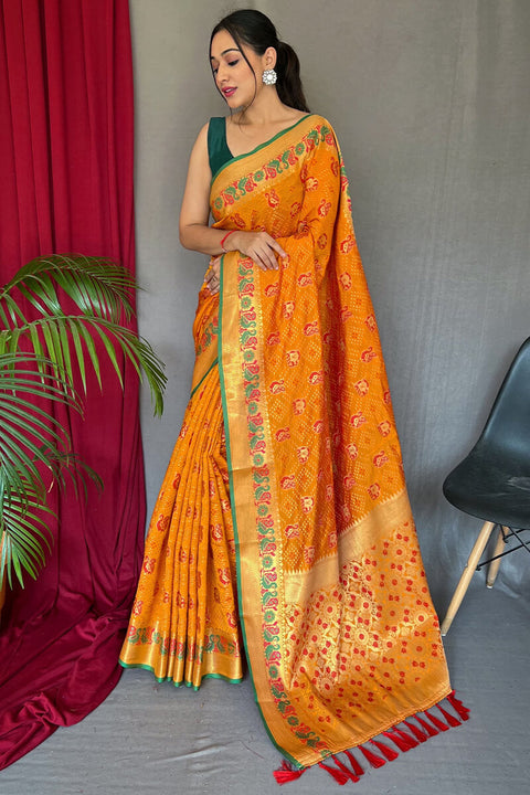 VastraLakshmi Embrocation Orange Patola Silk Saree with Lagniappe Blouse Piece