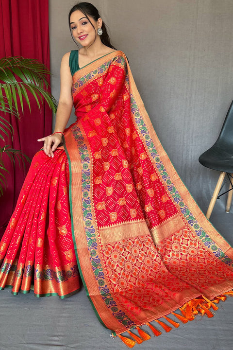 VastraLakshmi Serendipity Red Patola Silk Saree with Engaging Blouse Piece