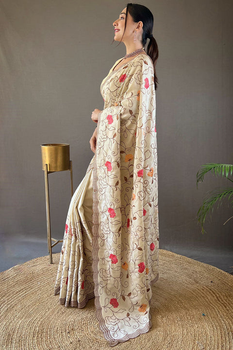 VastraLakshmi Precious Beige Embroidery Work Tussar Silk Saree With Phenomenal Blouse Piece