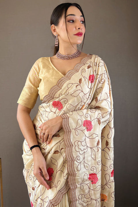 VastraLakshmi Precious Beige Embroidery Work Tussar Silk Saree With Phenomenal Blouse Piece