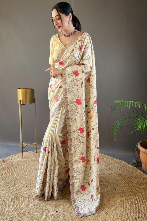 VastraLakshmi Precious Beige Embroidery Work Tussar Silk Saree With Phenomenal Blouse Piece