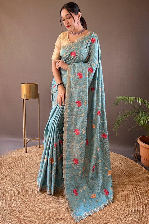 VastraLakshmi Demure Firozi Embroidery Work Tussar Silk Saree With Fugacious Blouse Piece