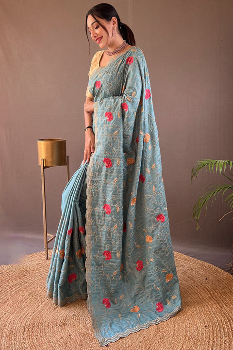 VastraLakshmi Demure Firozi Embroidery Work Tussar Silk Saree With Fugacious Blouse Piece