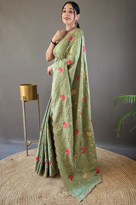 VastraLakshmi Quintessential Green Embroidery Work Tussar Silk Saree With Susurrous Blouse Piece