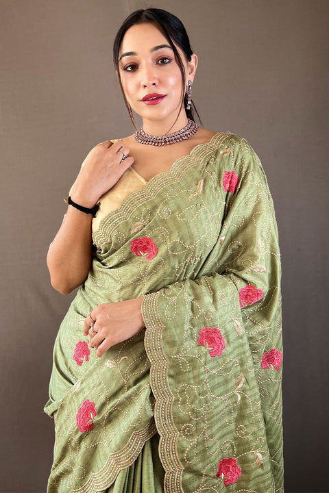 VastraLakshmi Quintessential Green Embroidery Work Tussar Silk Saree With Susurrous Blouse Piece