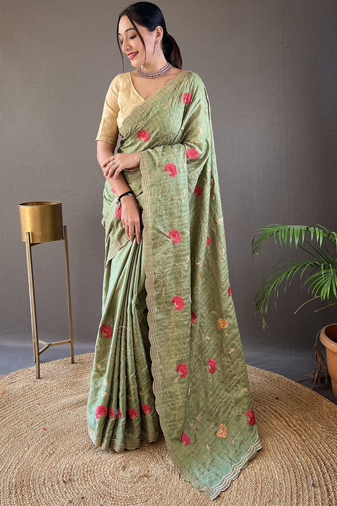 VastraLakshmi Quintessential Green Embroidery Work Tussar Silk Saree With Susurrous Blouse Piece