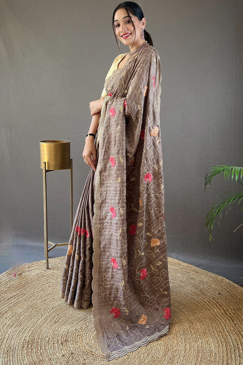 VastraLakshmi Magnetic Grey Embroidery Work Tussar Silk Saree With Staggering Blouse Piece