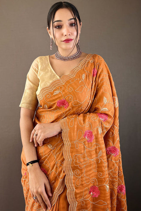 VastraLakshmi Amiable Orange Embroidery Work Tussar Silk Saree With Fragrant Blouse Piece