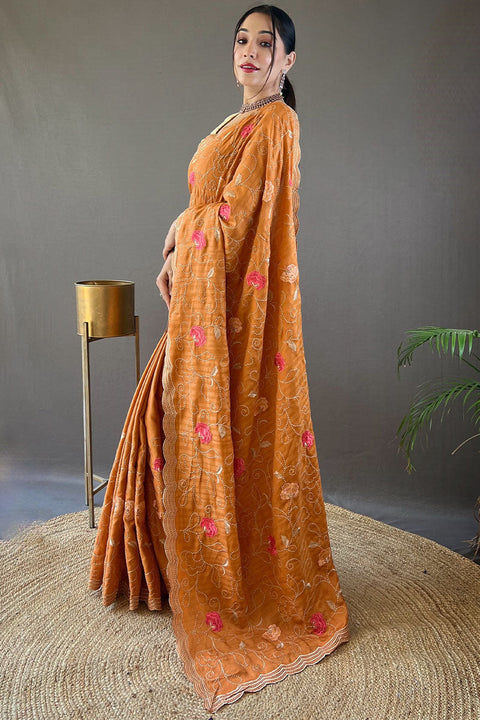 VastraLakshmi Amiable Orange Embroidery Work Tussar Silk Saree With Fragrant Blouse Piece