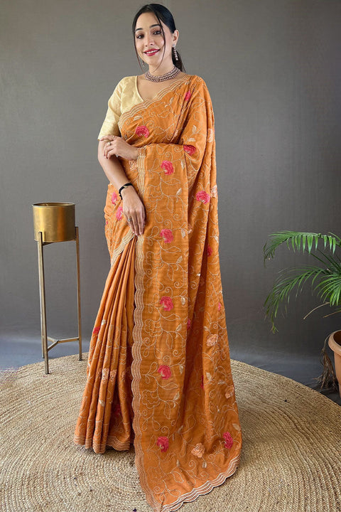 VastraLakshmi Amiable Orange Embroidery Work Tussar Silk Saree With Fragrant Blouse Piece