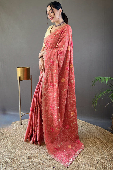 VastraLakshmi Tempting Pink Embroidery Work Tussar Silk Saree With Imaginative Blouse Piece