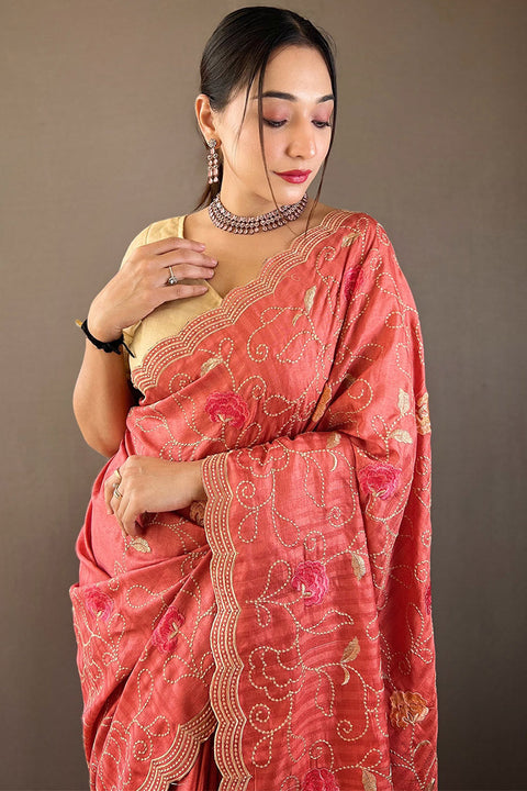 VastraLakshmi Tempting Pink Embroidery Work Tussar Silk Saree With Imaginative Blouse Piece