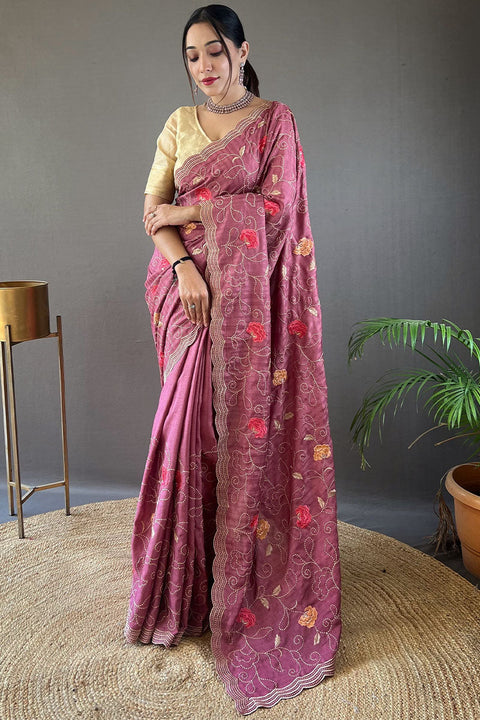 VastraLakshmi Whimsical Wine Embroidery Work Tussar Silk Saree With Elaborate Blouse Piece