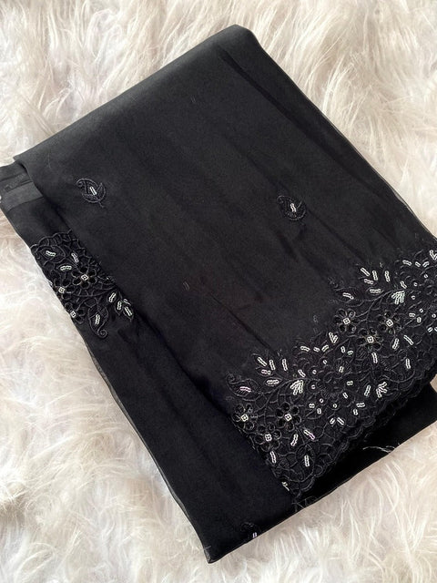 VastraLakshmi Flamboyant Black Embroidery Work Organza Silk Saree With Fancifull Blouse Piece