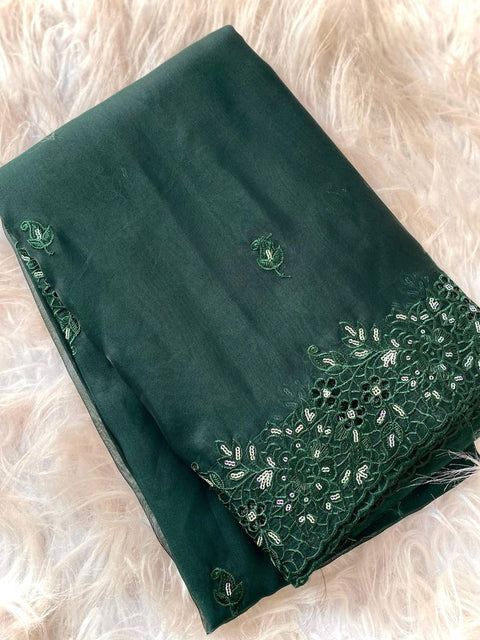 VastraLakshmi Beautiful Dark Green Embroidery Work Organza Silk Saree With Deserving Blouse Piece