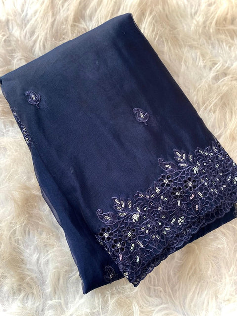 VastraLakshmi Engrossing Navy Blue Embroidery Work Organza Silk Saree With Preferable Blouse Piece