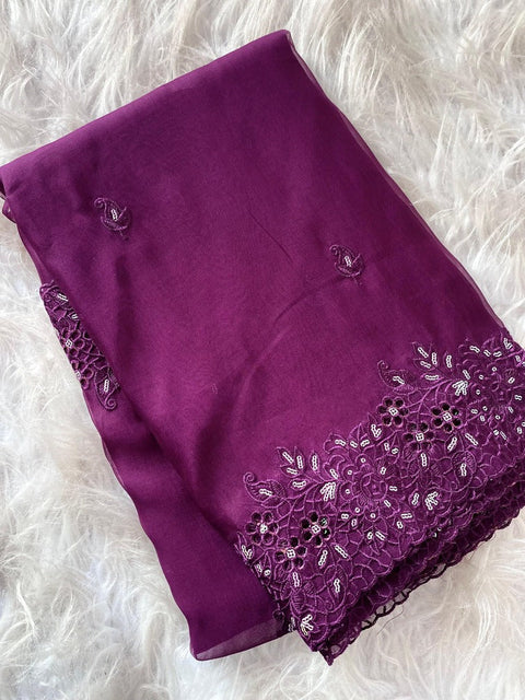 VastraLakshmi Enticing Purple Embroidery Work Organza Silk Saree With Demesne Blouse Piece