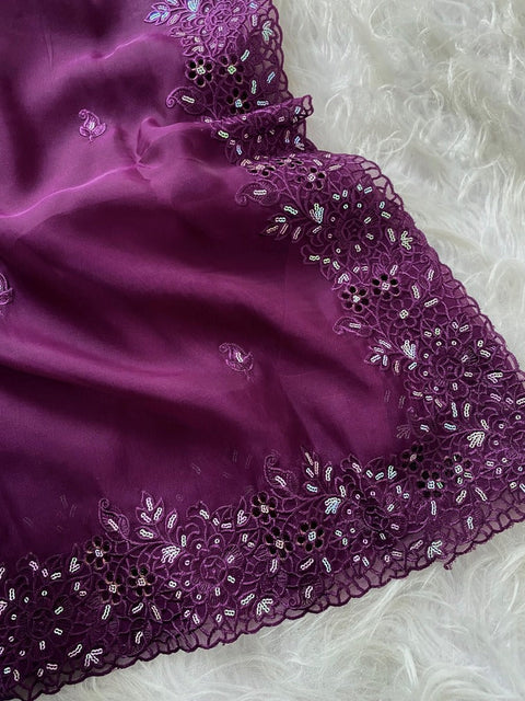 VastraLakshmi Enticing Purple Embroidery Work Organza Silk Saree With Demesne Blouse Piece