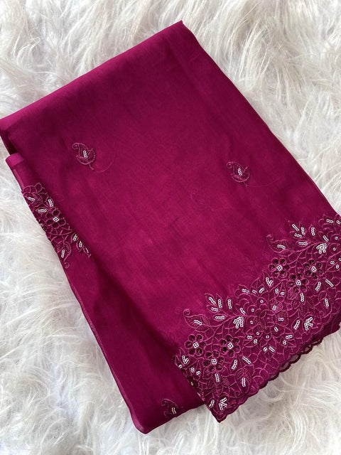 VastraLakshmi Evocative Wine Embroidery Work Organza Silk Saree With Mellifluous Blouse Piece