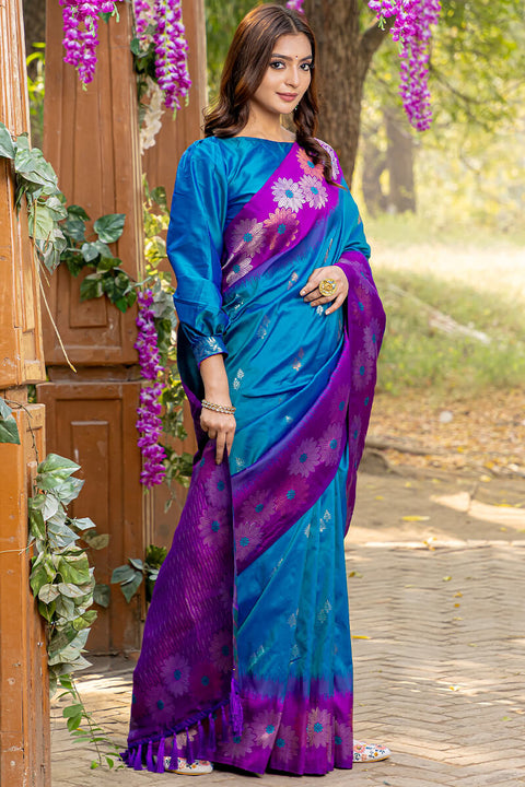 VastraLakshmi Pleasurable Blue Soft Banarasi Silk Saree With Imaginative Blouse Piece