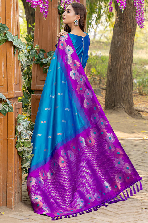 VastraLakshmi Pleasurable Blue Soft Banarasi Silk Saree With Imaginative Blouse Piece