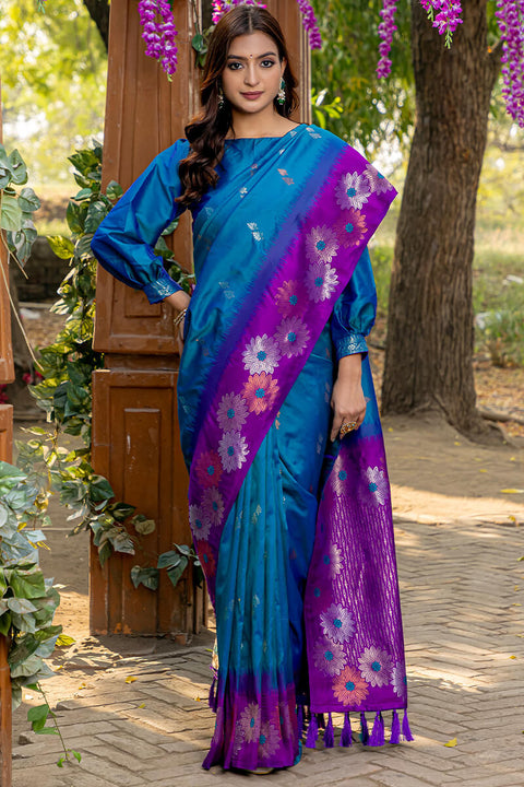 VastraLakshmi Pleasurable Blue Soft Banarasi Silk Saree With Imaginative Blouse Piece