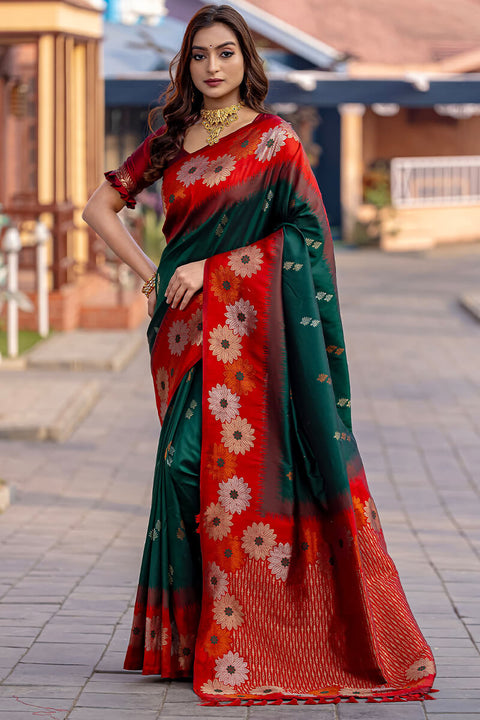 VastraLakshmi Profuse Dark Green Soft Banarasi Silk Saree With Elaborate Blouse Piece