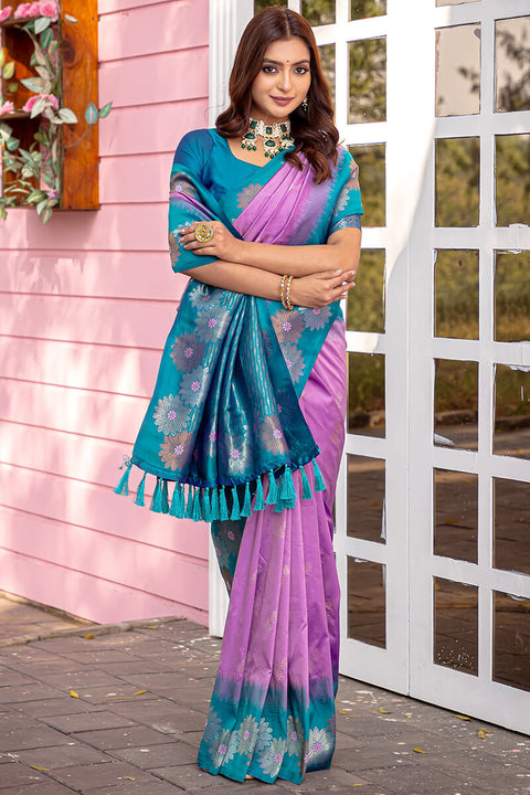 VastraLakshmi Ornate Lavender Soft Banarasi Silk Saree With Rhapsody Blouse Piece